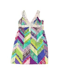Trina Turk Secret Shift Dress 12 geen multi Chevron Zig Zag Patchwork Crochet